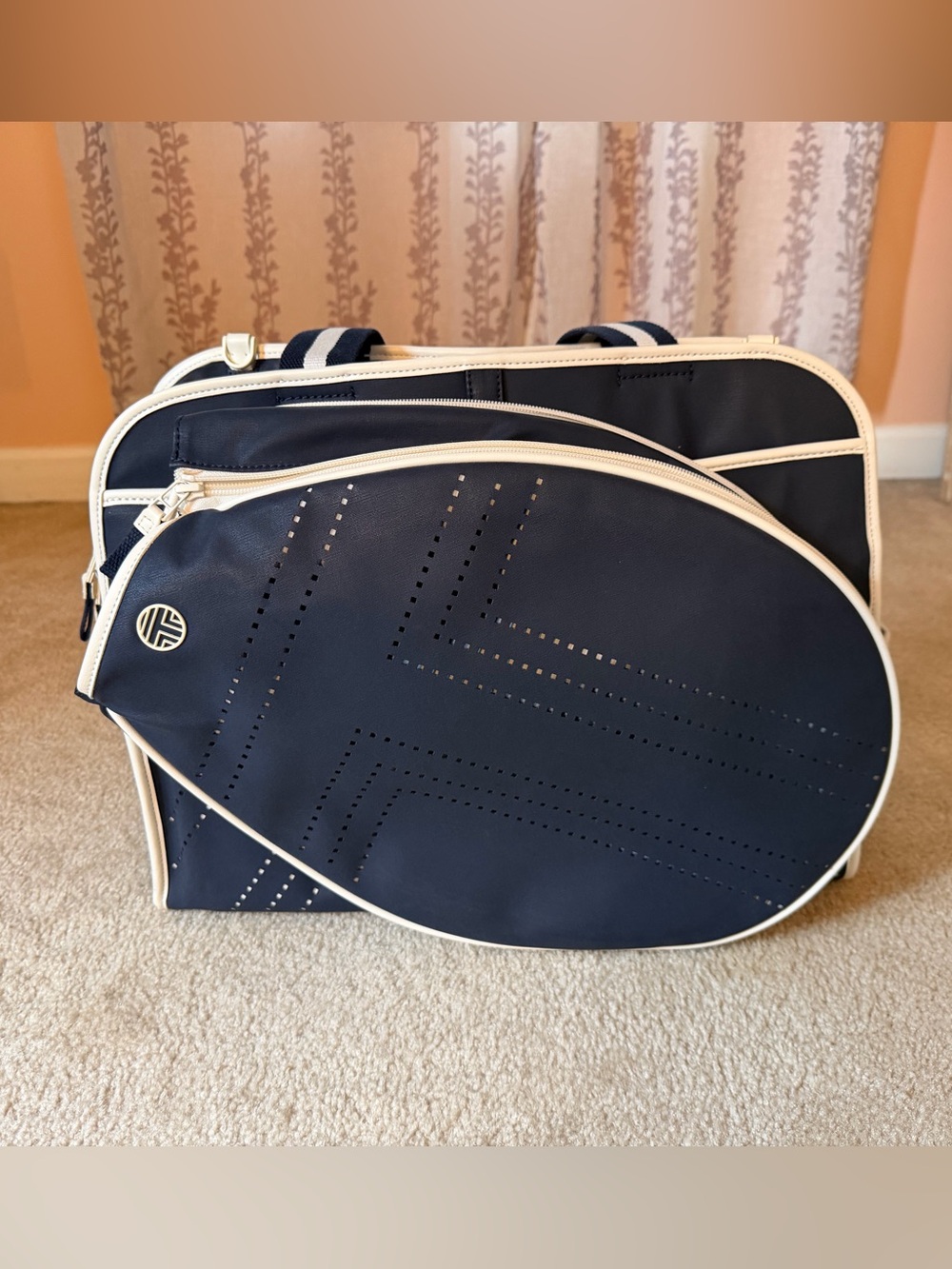 Tory Burch Navy and White Perforated Tennis Bag